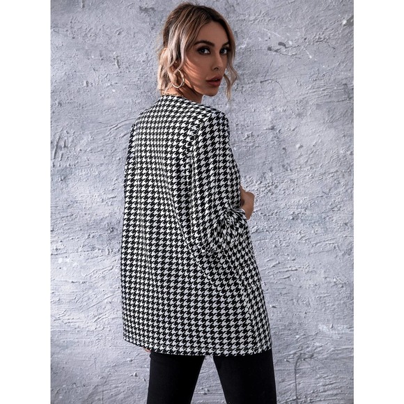 Minimalist Business Casual Open Front Houndstooth Blazer black white - Picture 2 of 5